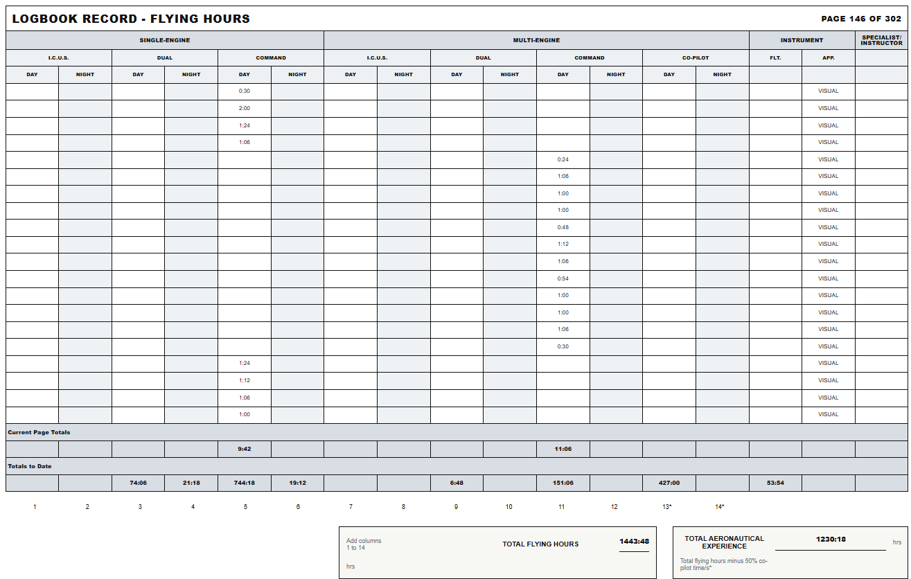 CASA logbook format preview with flying hours and instrument columns