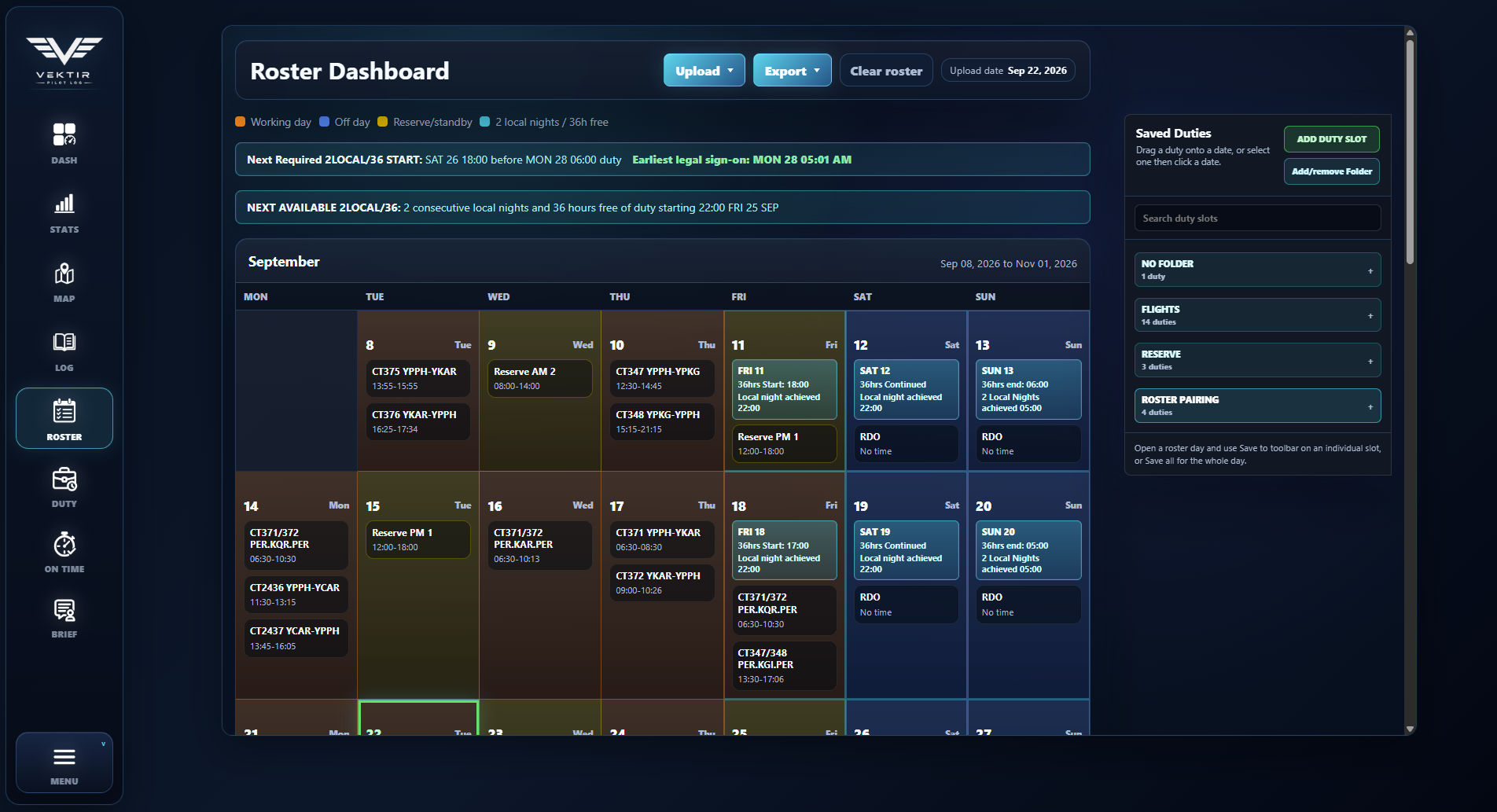 Vektir roster dashboard with calendar planning and saved duties